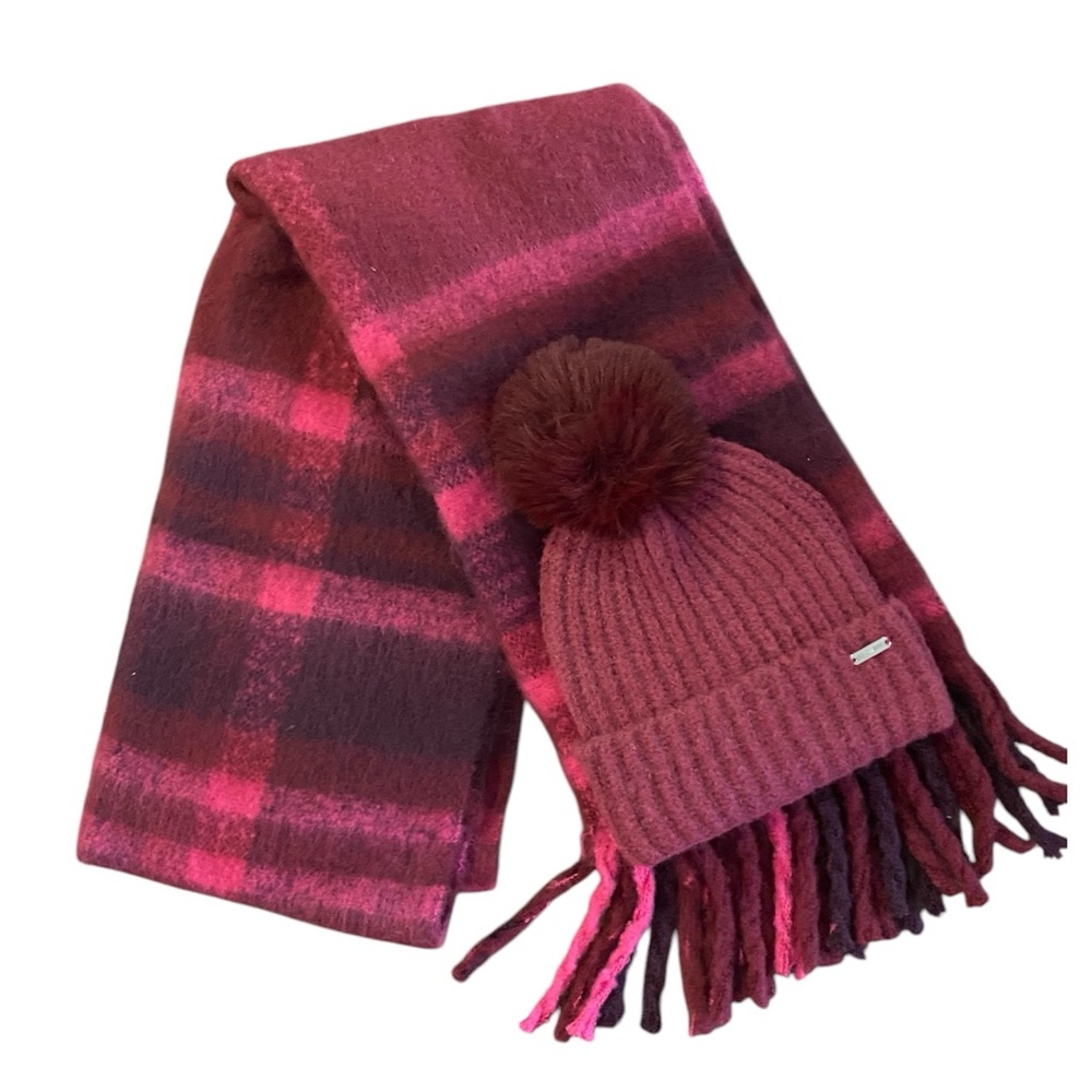 Steve Madden Pink and Burgundy Plaid Scarf with Pom Beanie Set